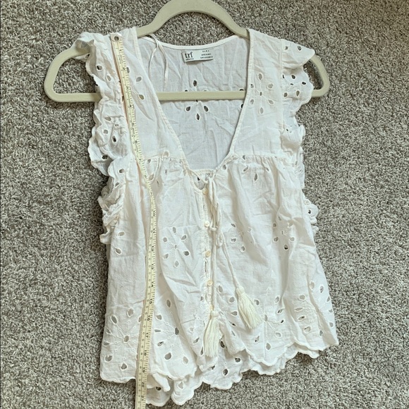 Zara Boho Eyelet White Tie Neck Button Top - Picture 6 of 8